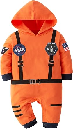 LXKIKMM Baby Toddler Boy Astronaut Outfit Space Suit Halloween Costume Orange Long Sleeve Rompers 3-6 Months