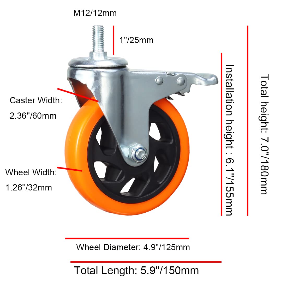 Wytrzymałe, obrotowe koła, 3-calowe żółte kółka z trzpieniem metrycznym M12-1,75x25 mm, podwójne hamulce, kółka bezpieczne do 1200 funtów/zestaw do przemysłu i mebli, zestaw 4 szt.