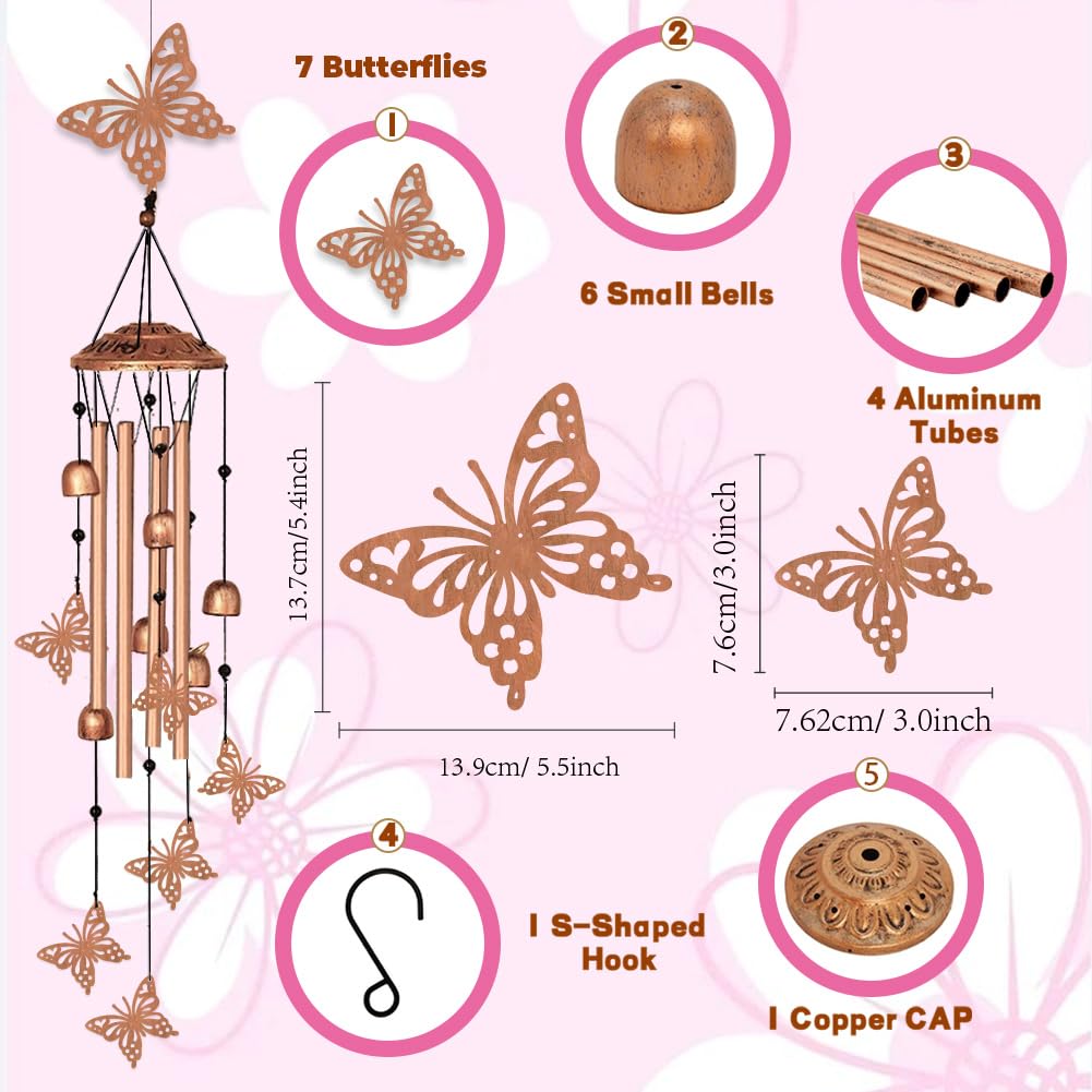 INFUNLY 7 Stück Schmetterlings Windspiele Für Draußen 5.5" × 5.4" Schmetterlinge Metall Windspiel Aluminiumrohr Windspiel Mit Kleinen Glöckchenröhren Gedenk Windglocke Für Hof Gartendekoration
