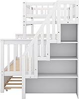 Vista 46 de Harper & Bright Designs Litera de tamaño matrimonial sobre matrimonial con 3 cajones, litera de madera maciza con almacenamiento y riel