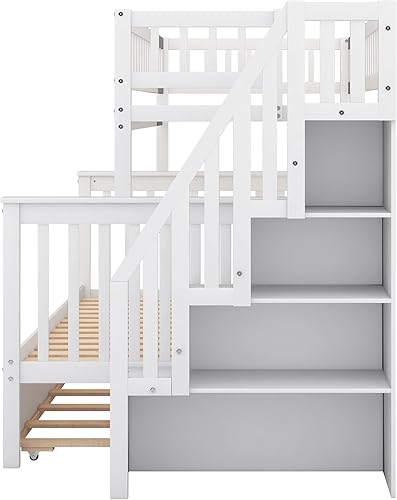 Miniatura 66 de Merax Litera de escalera individual sobre matrimonial con nido, escalera de almacenamiento y barandilla de longitud completa, litera de