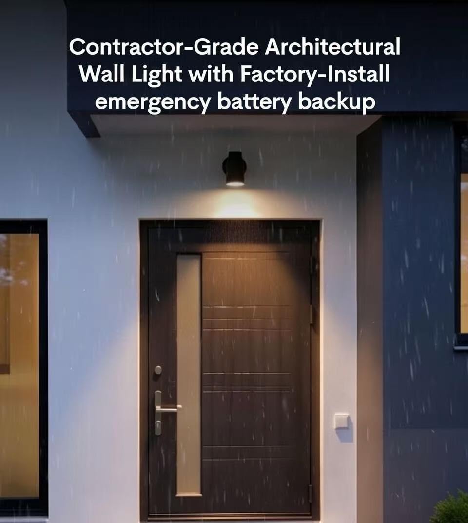 E2 LIGHTING Mini Wall Pack Outdoor Emergency Lights, P65, Battery Backup 90mins Power, Photocell Sensor, Wet Resistant, LED Emergency Backup Lighting for Business and Home (Black) (20, Watts)
