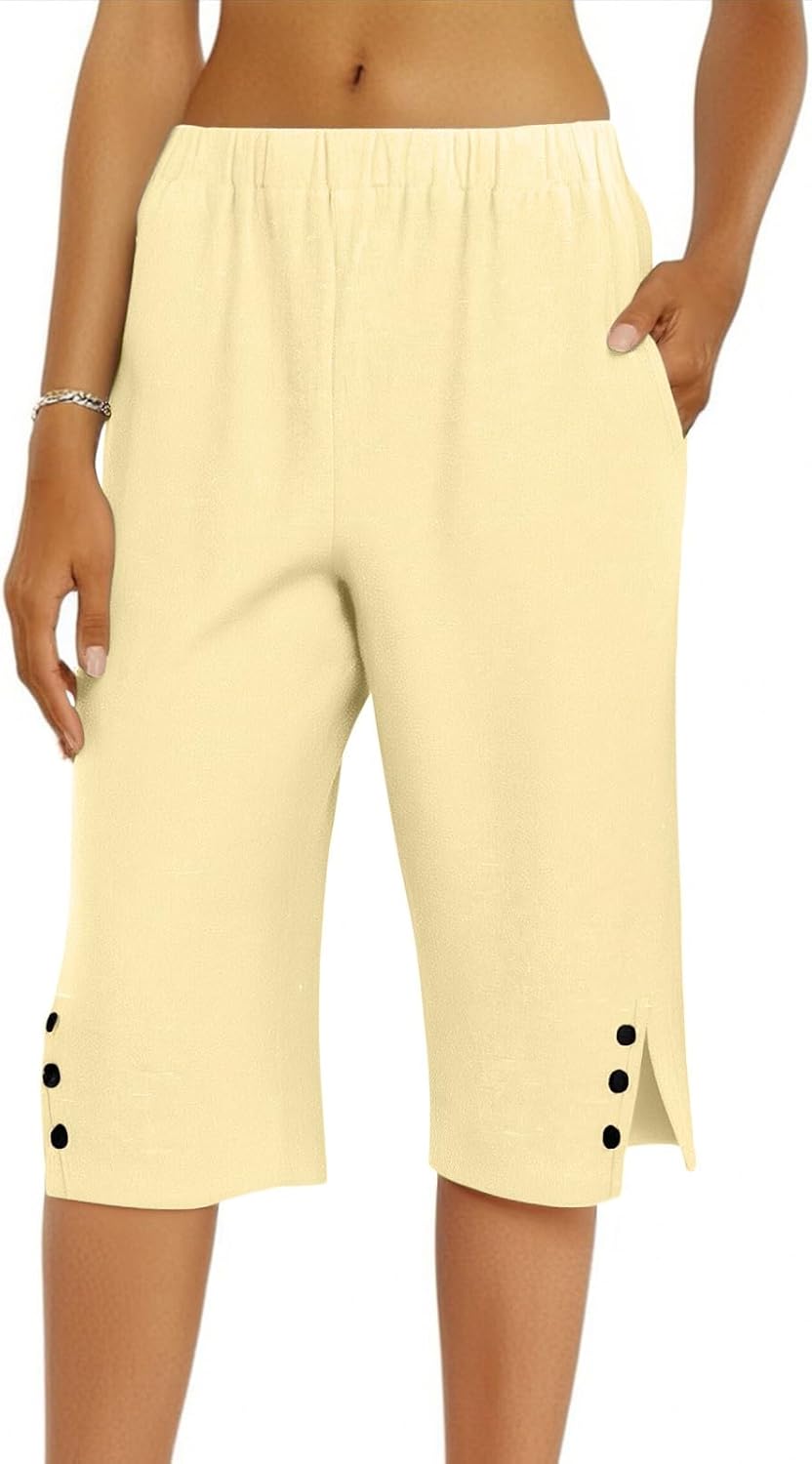 Womens Bermuda Shorts Cotton Linen Knee Length Elastic Waist Drawstring Capris Casual Beach Shorts with Pockets - Image 5
