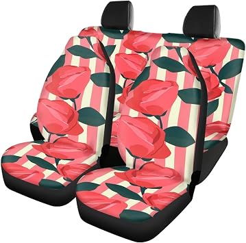 Stripes Rose Car Seat Covers Full Set for SUV Trucks Van Sedan Elastic Front Rear Seat Cover Auto Bench Seat Protector Universal Fit Car Accessories Pink