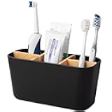 Toothbrush Holders for Bathrooms, Bamboo Tooth Brush Holder with 5 Slots Bathroom Vanity Organizer Countertop for Electric Toothbrushes, Toothpaste, Razors - Black