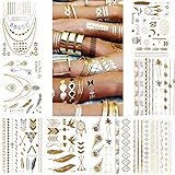 (Random Send) Waterproof Metallic Temporary Tattoos, Flash Fake Tattoo Stickers For Outdoor Body Arm Decoration Gold and Silver Color (2 Sheets)