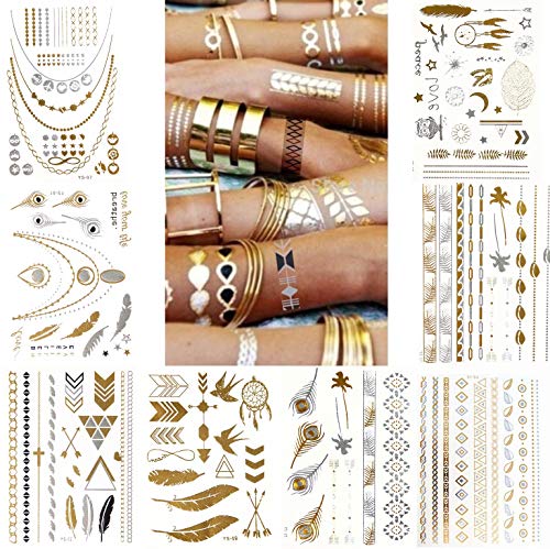 (Random Send) Waterproof Metallic Temporary Tattoos, Flash Fake Tattoo Stickers For Outdoor Body Arm Decoration Gold And Silver Color (2 Sheets) #TOP4