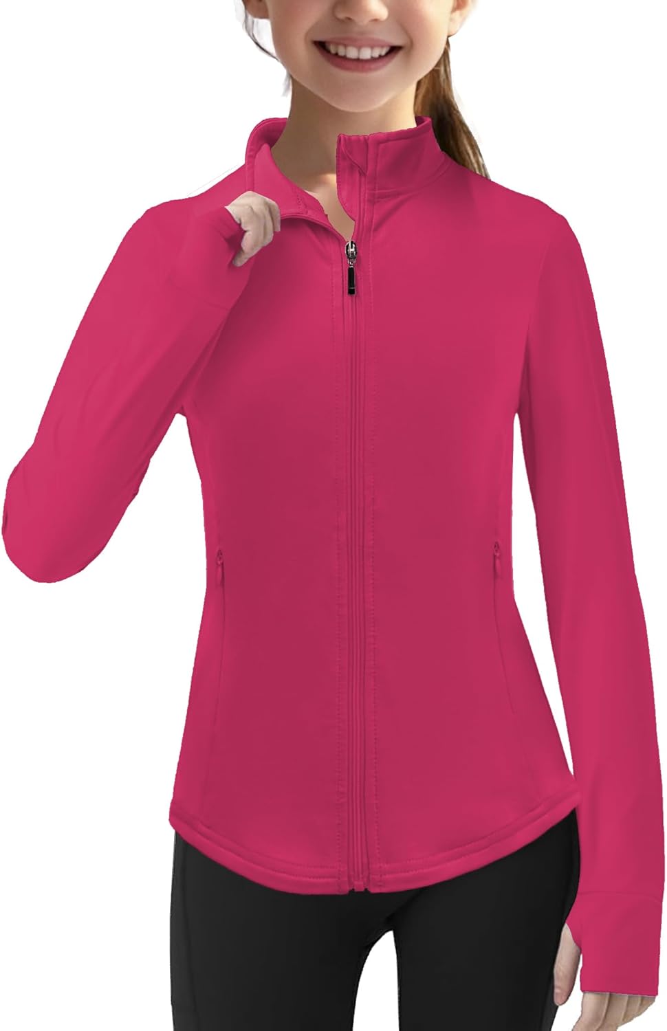 ガールズ軽量サンシャツ フルジップ 長袖 日焼け防止 アスレチックジャケット ポケットとサムホール付き