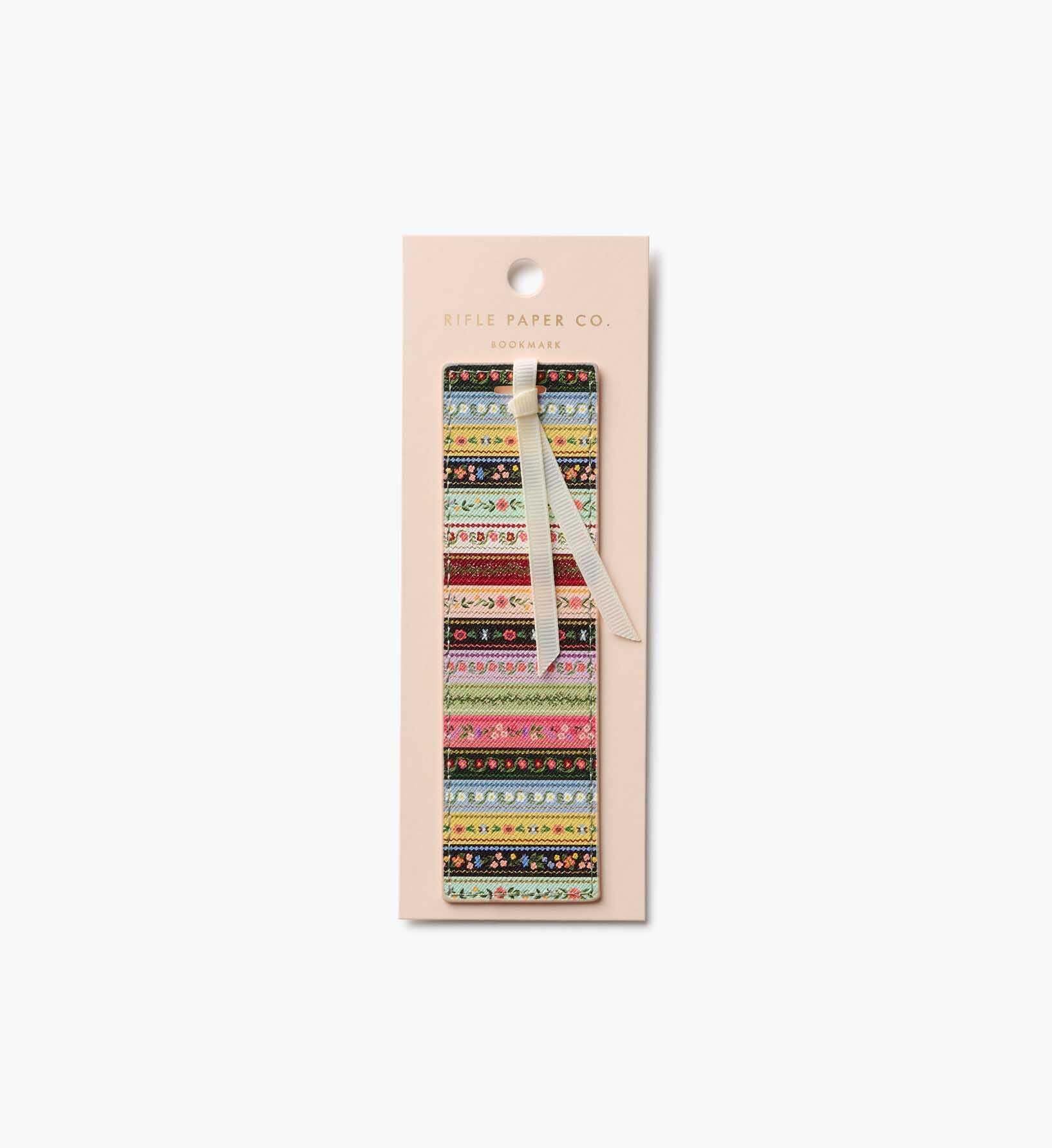 RIFLE PAPER CO. Gemma Bookmark 6" L x 1.75" W, Saffiano PU with a Grosgrain Ribbon, Metallic Gold Foil Logo, Perfect for Book Lovers, Writers, &