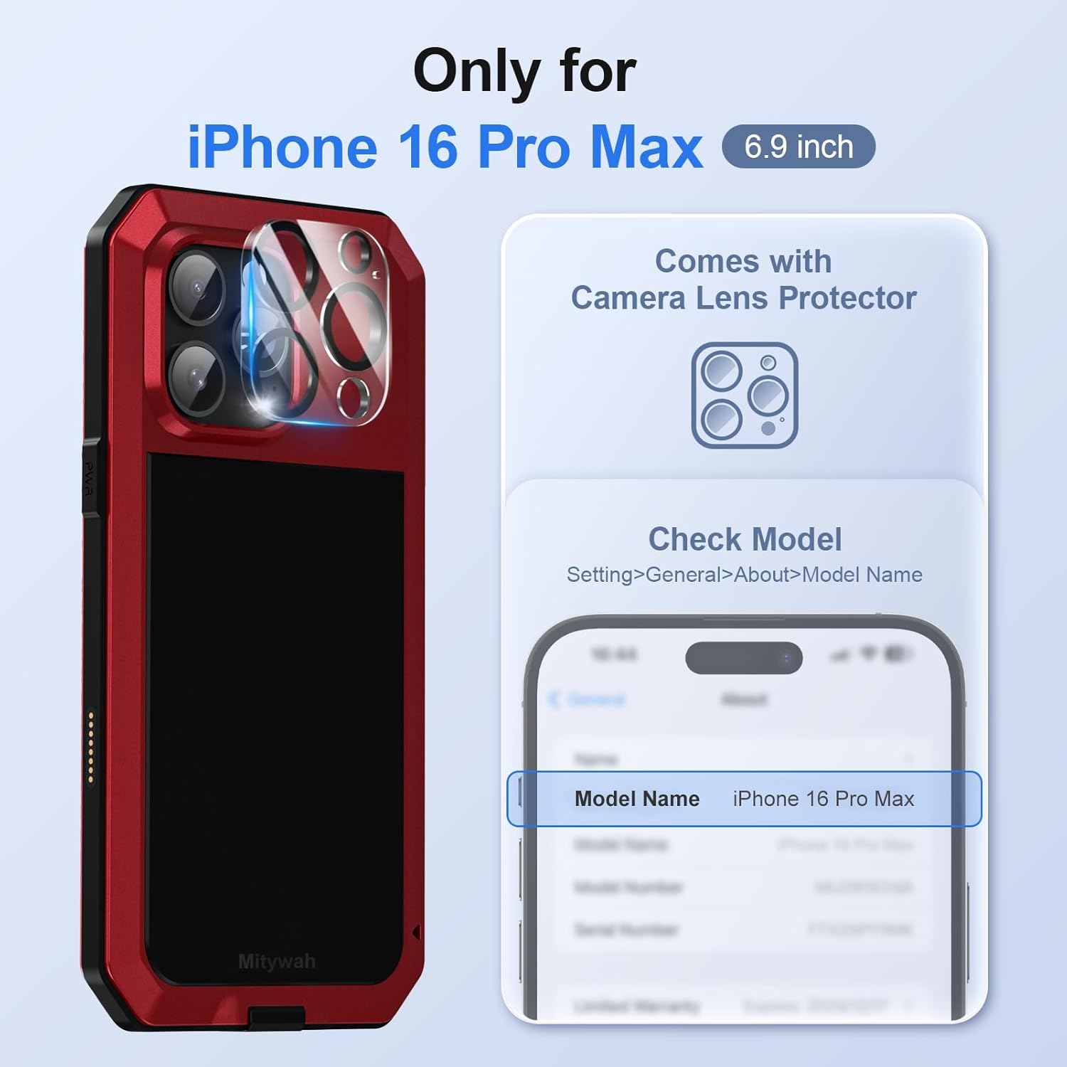 Mitywah Metal Case for iPhone 16 Pro Max, Rugged Phone Case Built-in 9H Screen Protector Military Grade Full Body Protection Heavy Duty Dual Layer Screw Bumper Protective Case iPhone 16 Pro Max Red | Aluminum Phone Case, 9H Screen Protector, Military Grade, Full Body Protection, Heavy Duty, Dual Layer