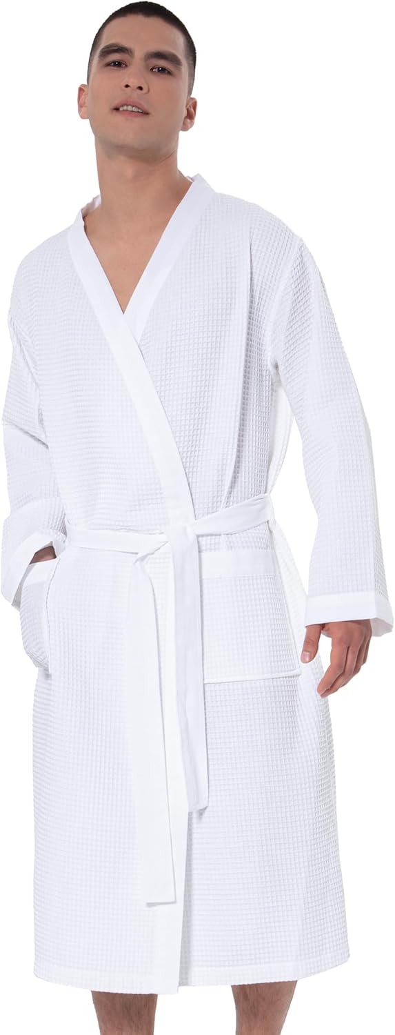 SEYANTE Turkish Cotton Waffle Robe for Men – Organic GOTS Certified Spa Bathrobe, Lightweight Kimono, Soft Cotton Bathrobe – White, Size Medium
