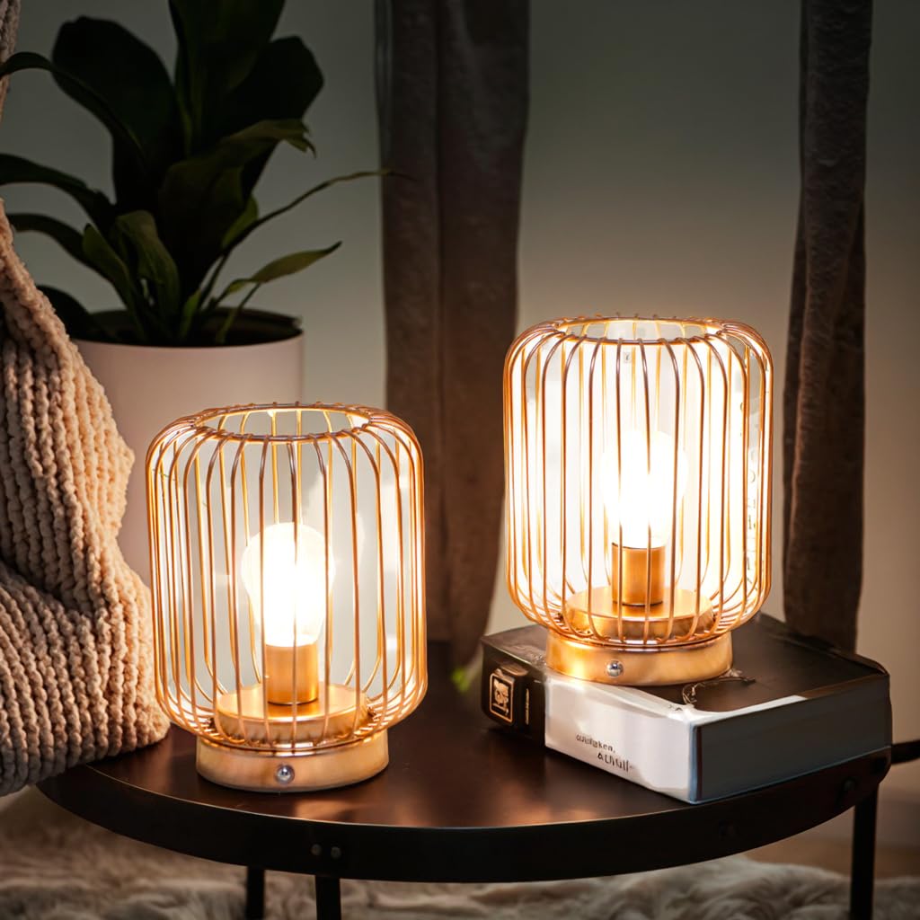 TRIROCKS Set de 2 Lámparas de Mesa Metálicas a Batería 17 cm Altas, Faroles Recargables Sin Cable con Forma de Jaula, Luces LED Regulables para Dormitorios, Oficina, Bodas y Exterior