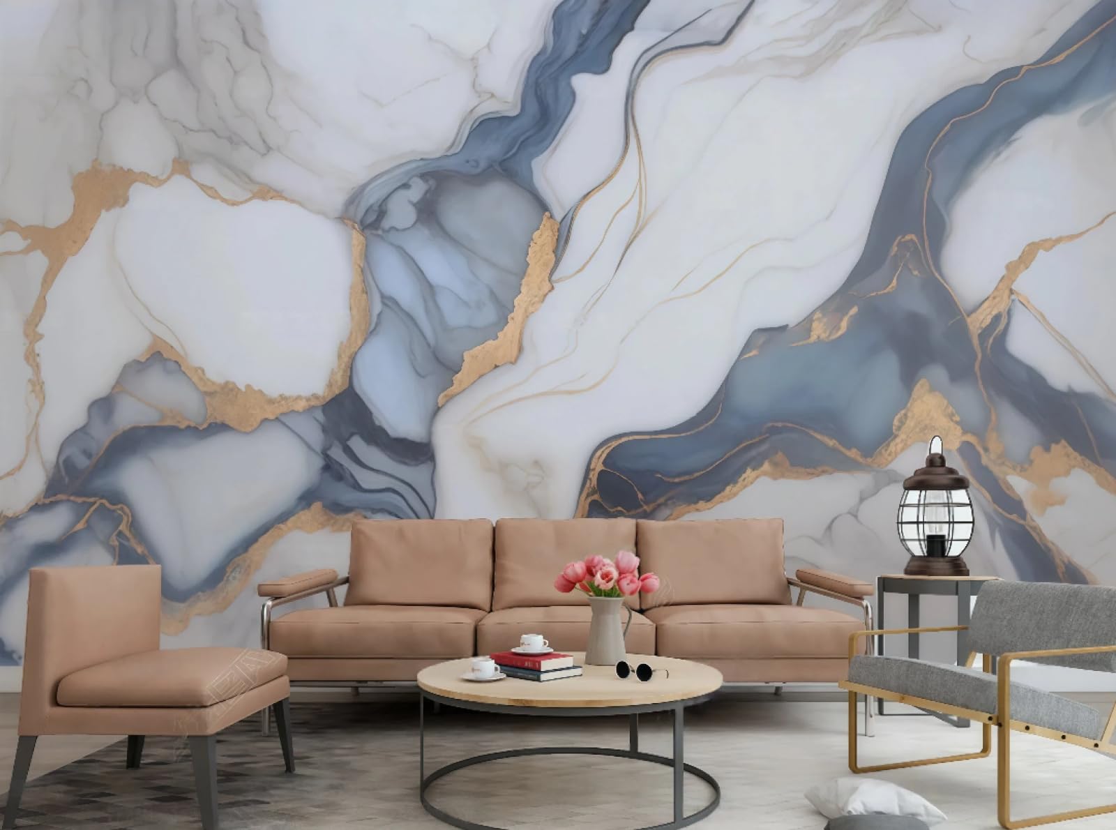 Tapeta nowoczesna minimalistyczna sztuka granatowy pozłacany biały marmurowy wzór salon sypialnia tło tapeta ścienna hotel restauracja kawiarnia mural, 3D, 430 x 300 cm