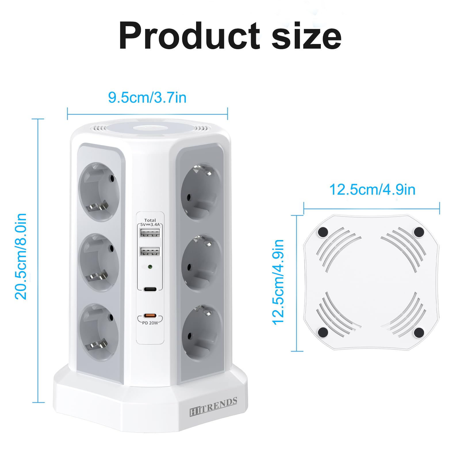 Torre de enchufe, 12 enchufes múltiples, regleta de 4000 W, protección contra sobretensiones, enchufe de mesa con 2 USB A+ 2USB C(PD 20 W), enchufe de distribución con luz nocturna ajustable, 1,8 m