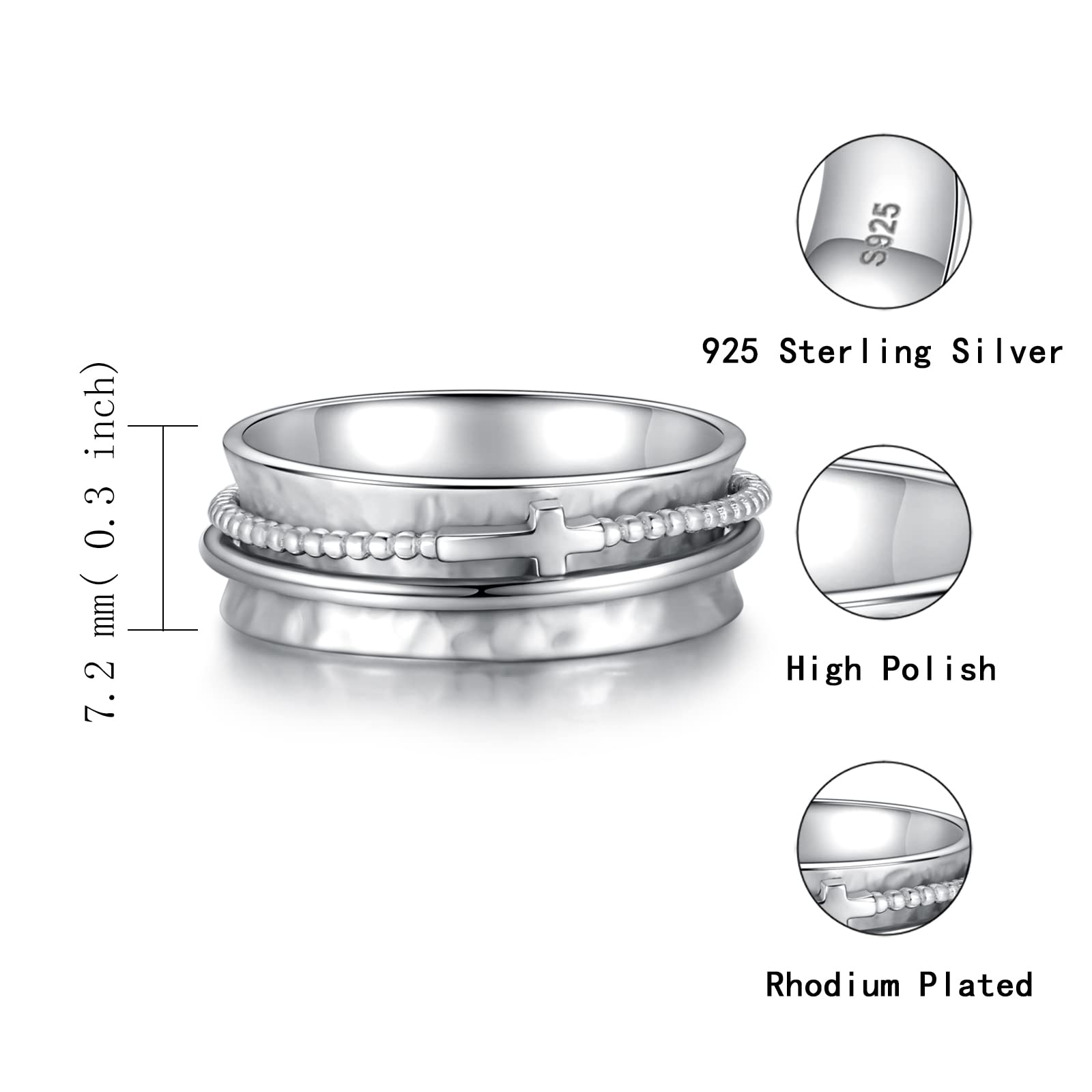 Anillo de cruz para mujer, de plata de ley 925, giratorio, ancho martillado