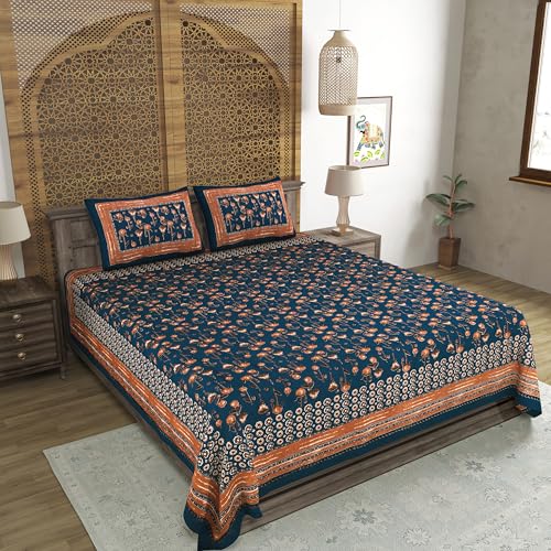 Image of BLOCKS OF INDIA Hand Block Printed 200 TC Cotton Super King Size Bedsheet(106 x 106) | Pack of 1, Batik Blue