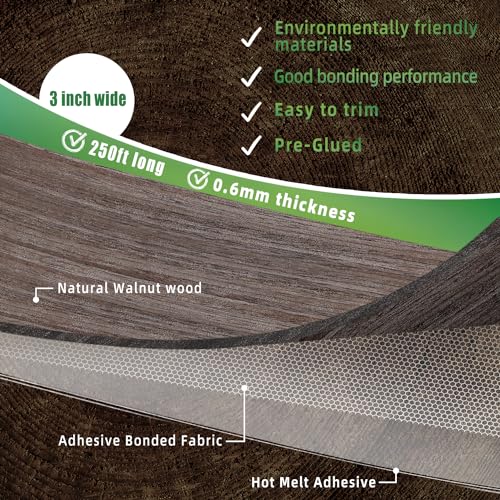 Image of Walnut Edge Banding, 3 inch x 250ft roll of Veneer Edge Banding, Pre-glued Flexible Real Wood Tape for Cabinet Repair and Furniture Restoration