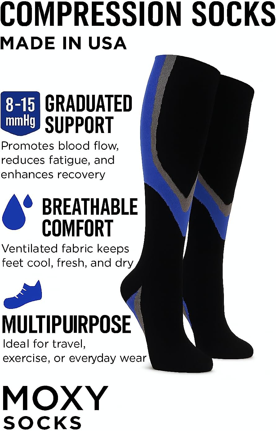 MOXY Socks Graduated Compression Socks 3-Pack, Knee High Support (8-15 mmHg), Black with Blue and Gray, Made in USA, Unisex Fit Mens 9-13 Womens 10.5+, for Work, Running, Travel