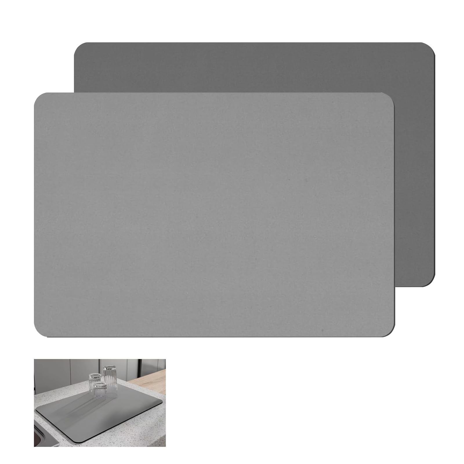 2 PCS Dish Drying Mat, 39 x 29 cm Kitchen Coffee Machine Mat Super Absorbent Draining Mats Non Slip Drainer Board Mats for Counter Coffee Machine (Dark & Light Grey)