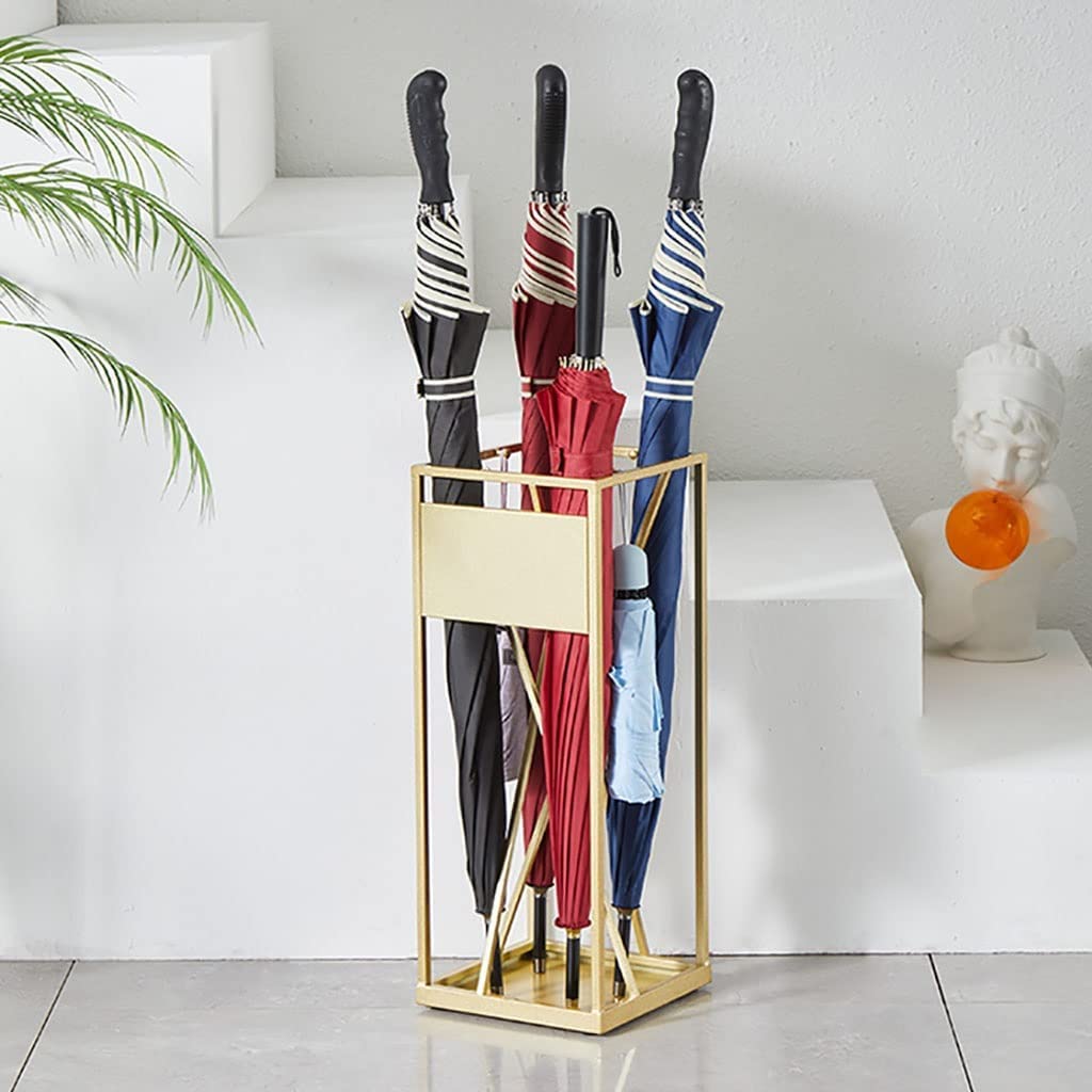 BHFPFZA Metal Rectangular Umbrella Stand Holder with Drain Hole and Hook Stylish and Functional Umbrella Holder for Entryway Home or Office Creative Fashion Umbrella Stand in Elegant Gold Finish (21
