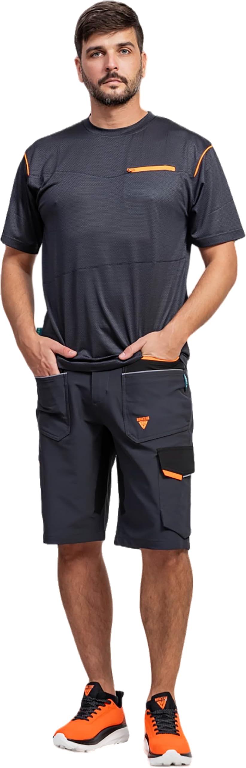 WORKTEAM Pantalón Corto de Trabajo Elástico en 4 Direcciones, Bermuda de Trabajo Elástica, Multibolsillos, Vivos Reflectantes, Cintura Elástica y Alta Resistencia. Hombre