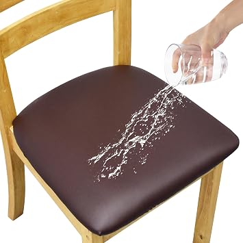 Leather Stretch Chair Seat Covers with Elastic Ties,Waterproof Dining Room PU Leather Chair Cover Seats,Removable Washable Chair Protector Seat Cushion Slipcovers for Home,Kitchen Coffee, 2 PCS