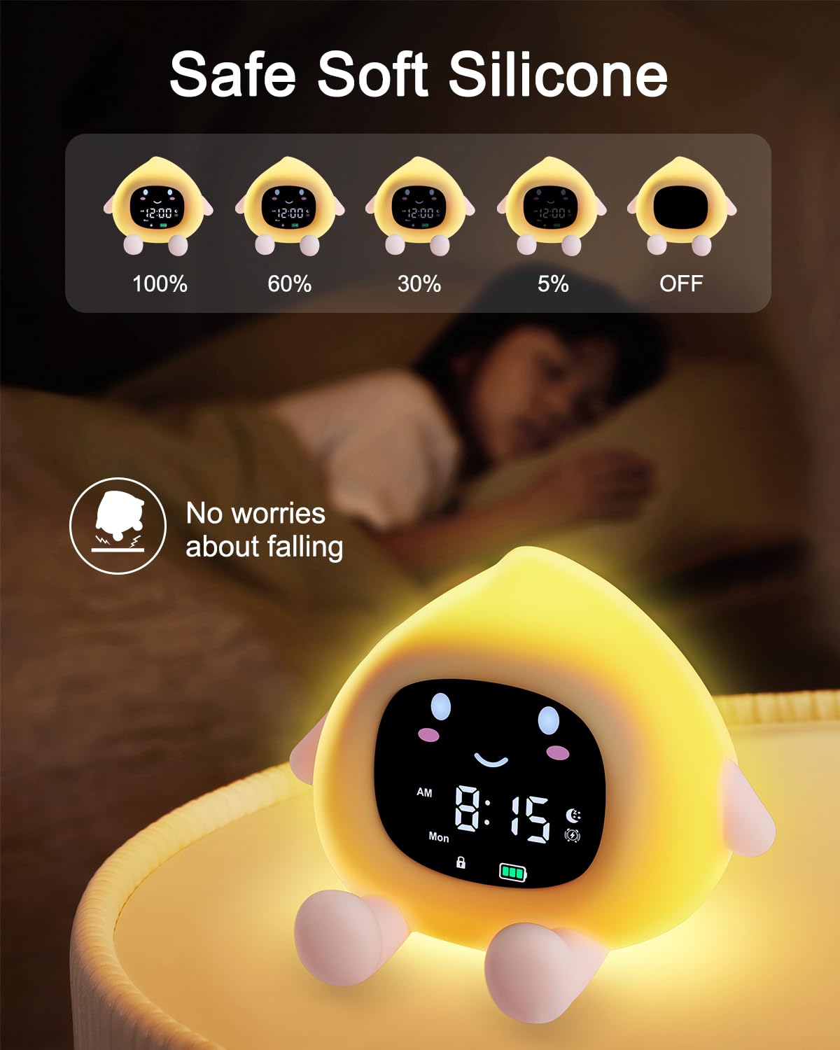 Kinderwecker, Niedlicher Wecker in Pfirsichform für Kinder, Schlaftrainer Kinder mit 9 RGB Farb Nachtlicht, 6 Beruhigende Klänge,Snooze-Funktion, Wake Up Lichtwecker für Mädchen und Jungen