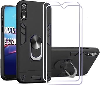 Moto E 2020, Moto e xt2052dl Phone Case, Screen Protector [2Pack] 360 Degree Rotating Metal Ring Slim Shock Absorption Reinforced Corner Soft TPU for Motorola Moto E7 2020 6.2" Black