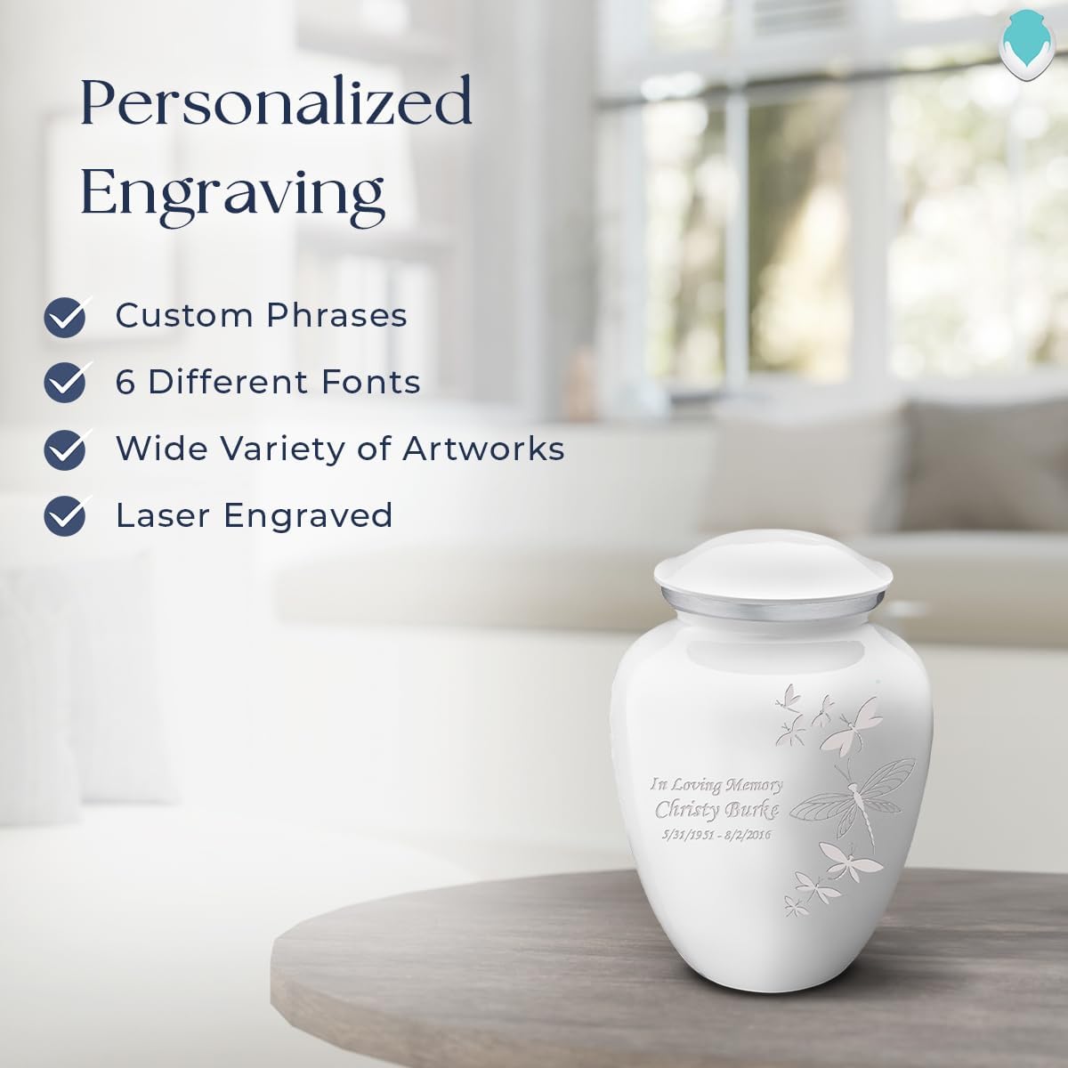 Geturns - Small Personalized Dragonfly Cremation Urns for Human Ashes I White Funeral Urn for Women and Men I 44 lbs