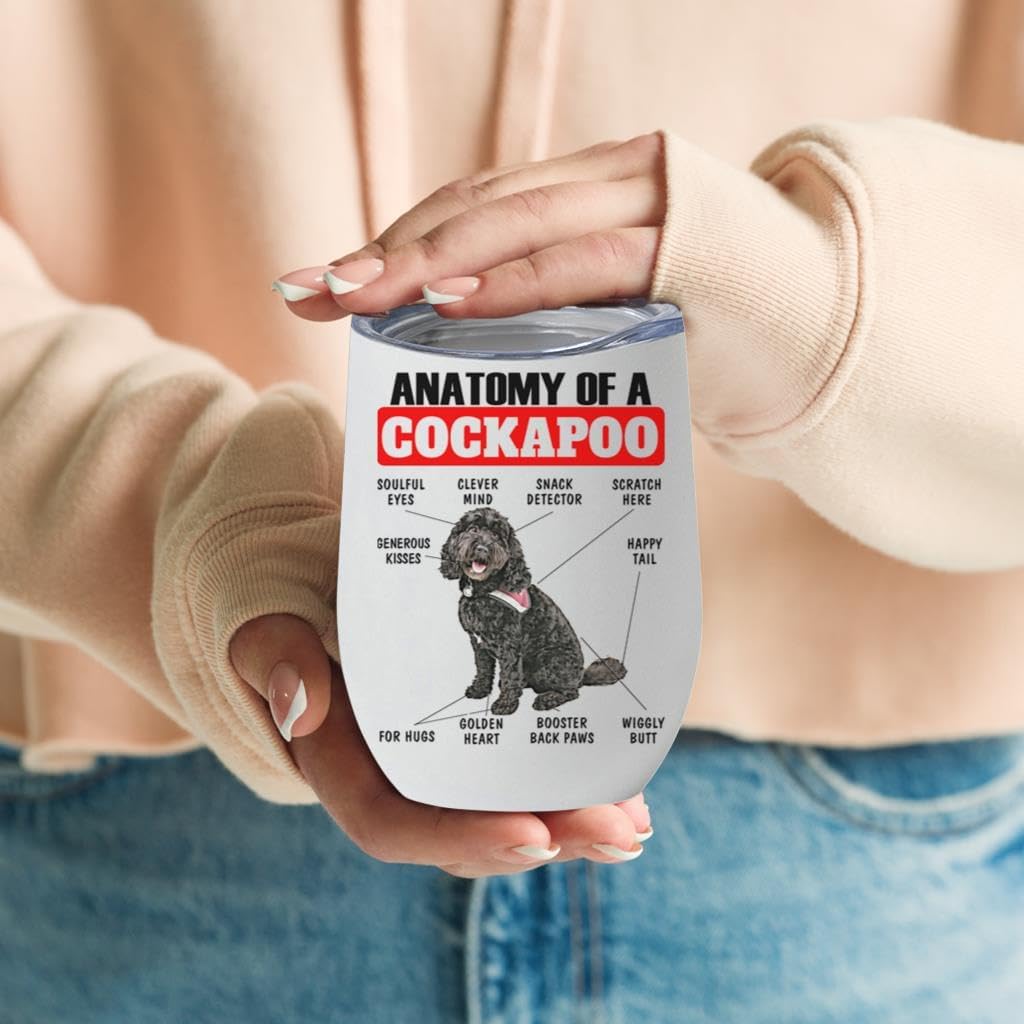 Black Cockapoo Dog Tumbler 12oz - Funny Anatomy Chart Design - Stainless Steel Vacuum Insulated Wine Cup With Lid - Gifts for Dog Lovers
