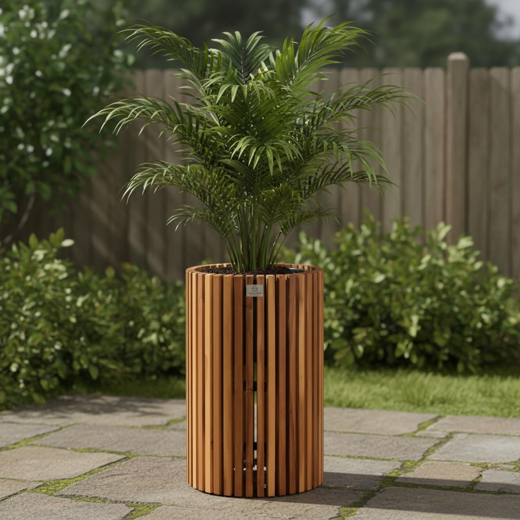 Pflanzgefäß Pflanzkübel Blumenkübel Holz Akazie inkl. Kunststoffeinsatz D36,5 x 72 cm Braun