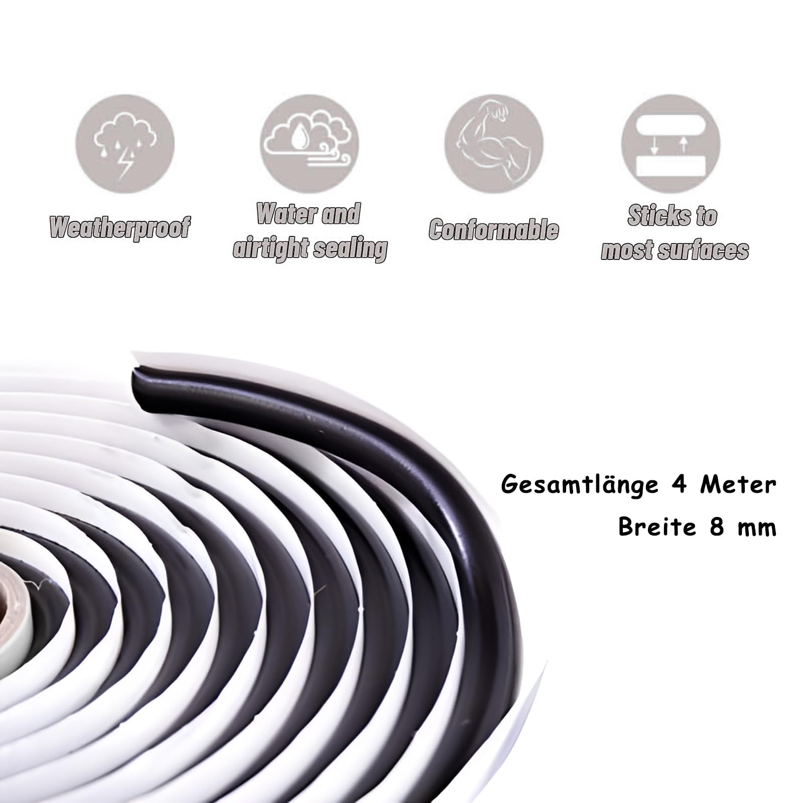 Cordon rond en butyle 8 mm × 4 m auto-adhésif réparation étanche pour sceller phares pare-brise portes camions