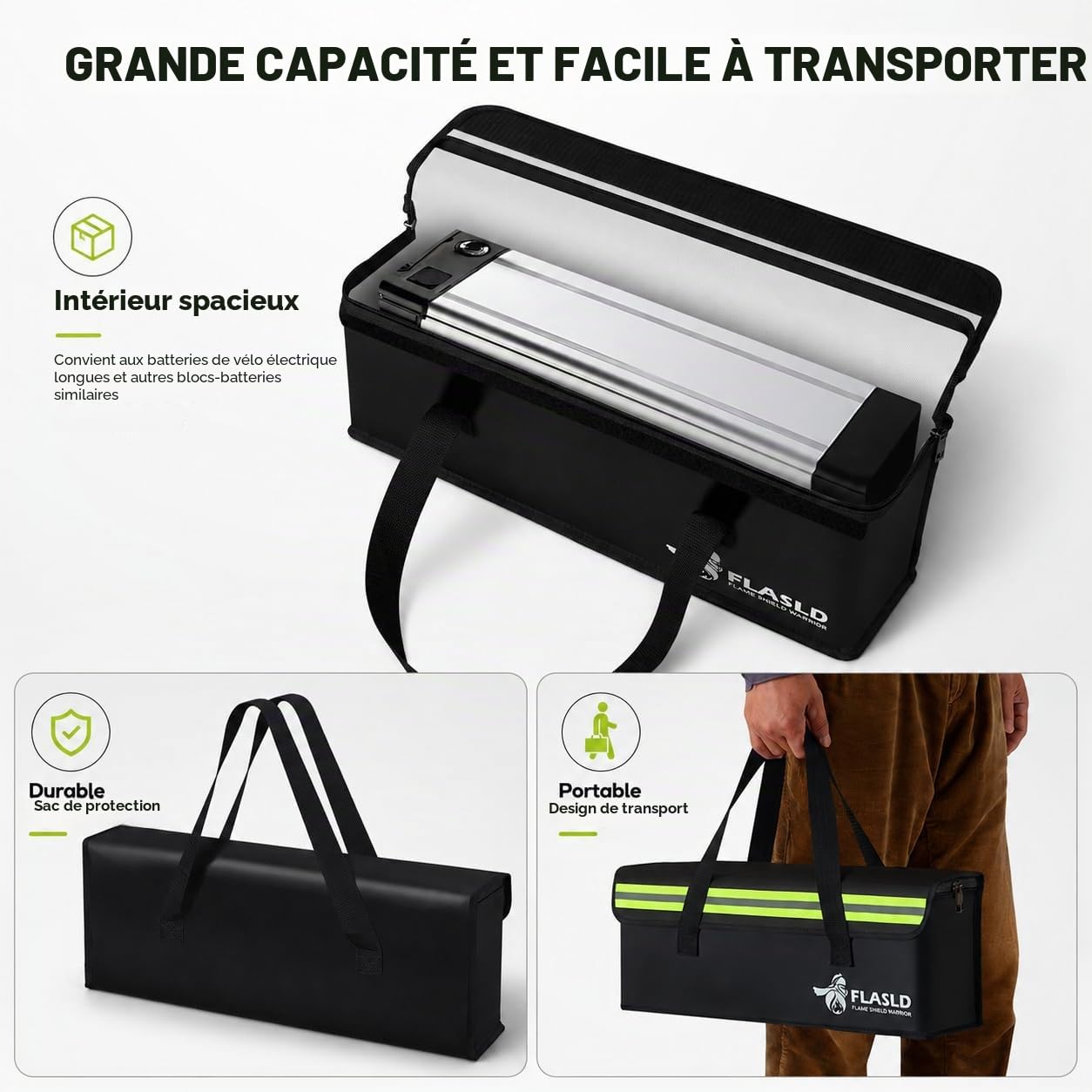 FLASLD Lipo Lot de 2 sacoches ignifuges pour accessoires de vélo électrique, étui de charge anti-explosion, grande capacité, boîte de rangement pour batterie Lipo (49 x 10,9 x 17,8 cm), noir
