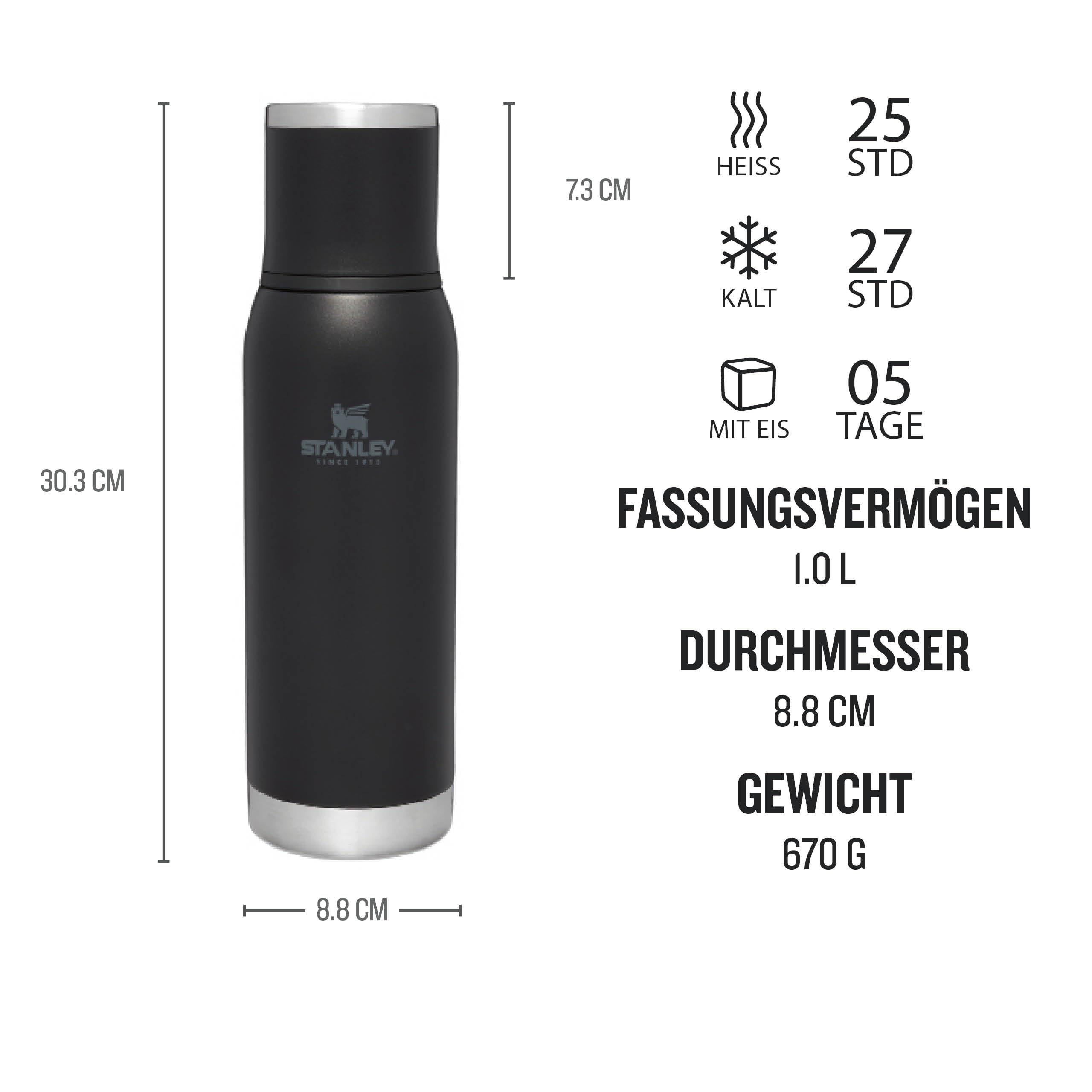 Stanley 1913 Adventure To-Go Thermosflasche 1.0L - Black | Hält 25 Std. heiß - 27 Std. kalt - Auslaufsicher - BPA-frei - Deckel dient als Becher