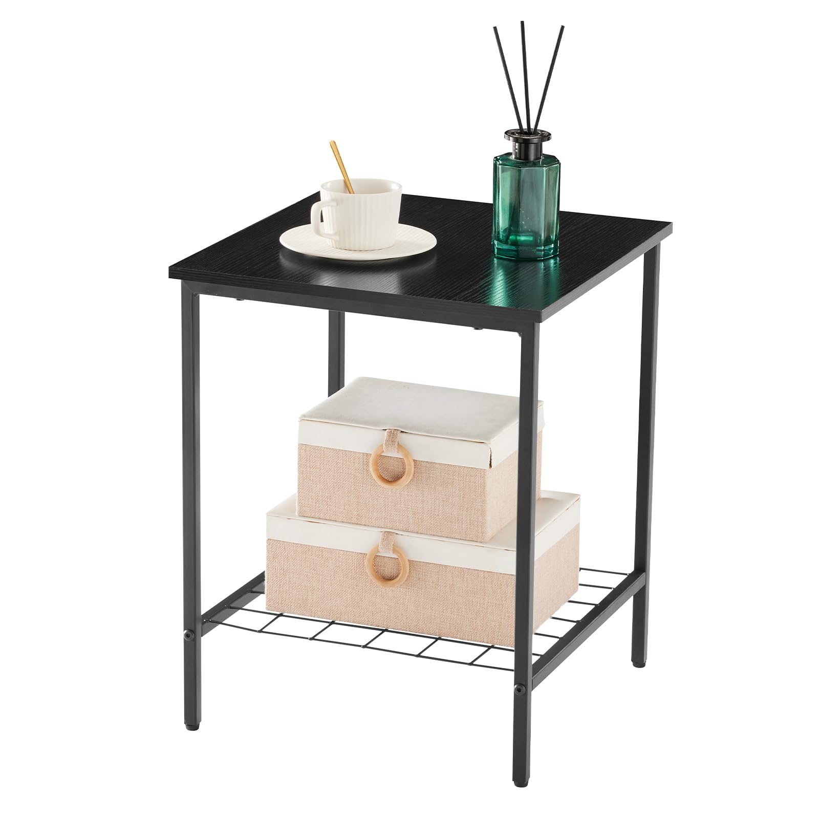 End Table with Shelves 16 Inch Square 2-Tier Coffee Tea Wooden End Table Nightstand for Sofa Couch Bed Industrial Style Beside Table for Living Room Bedroom Black 1PCS