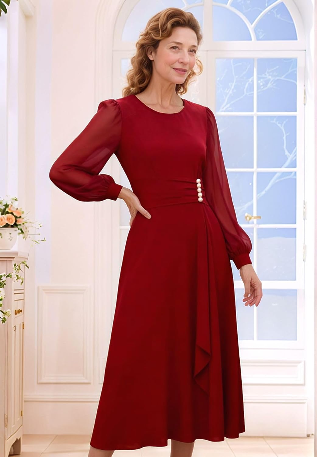 2025 Beaded Long Sleeve Mother of The Bride Dresses A-Line Tea Length Scoop Neck Wedding Guest Gowns