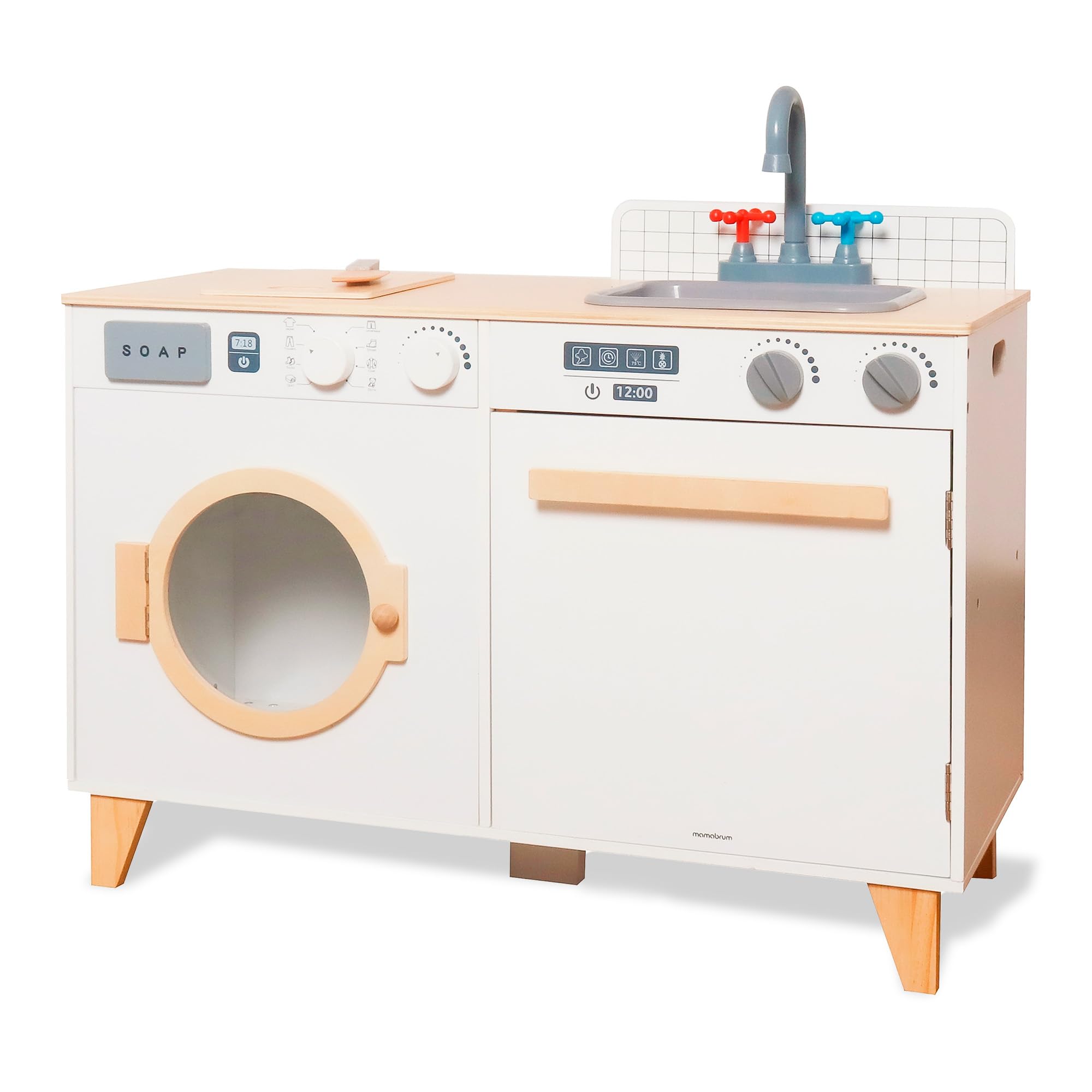 Mamabrum Holz Kinderküche & Waschmaschine – 2 in 1 Set mit Spüle, Waschmaschine und Zubehör für kreatives Rollenspiel