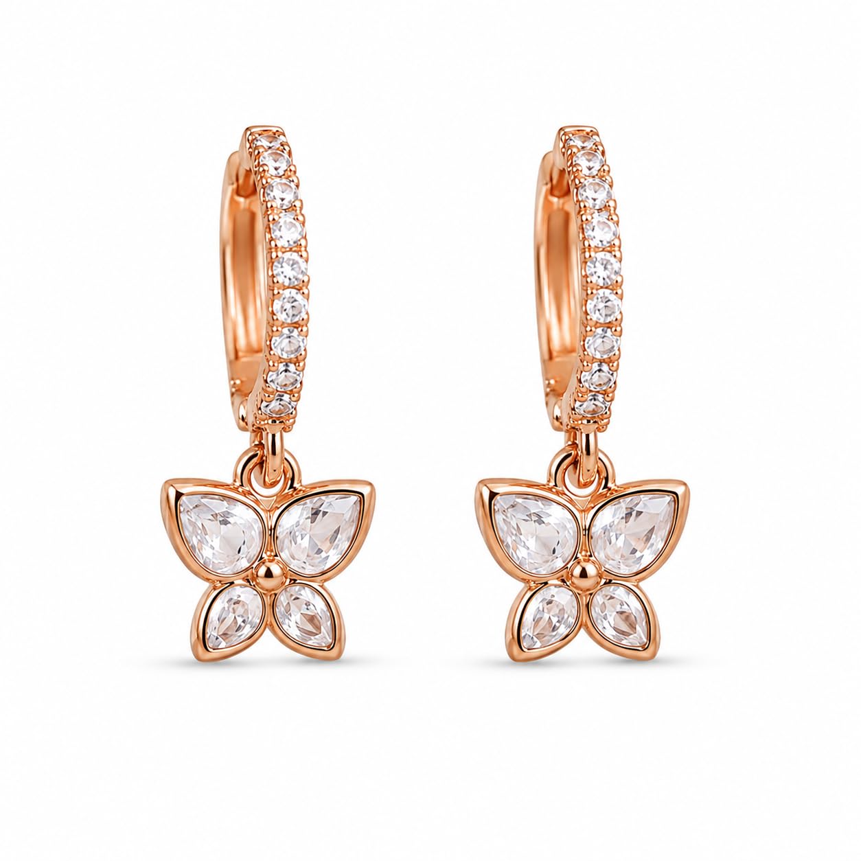 FOREVERSHINE Rose Gold Plated AD CZ Butterfly Drop Bali Earrings | Anti-tarnish shine, butterfly charm, sparkling AD CZ, secure bali clasp, lightweight comfort