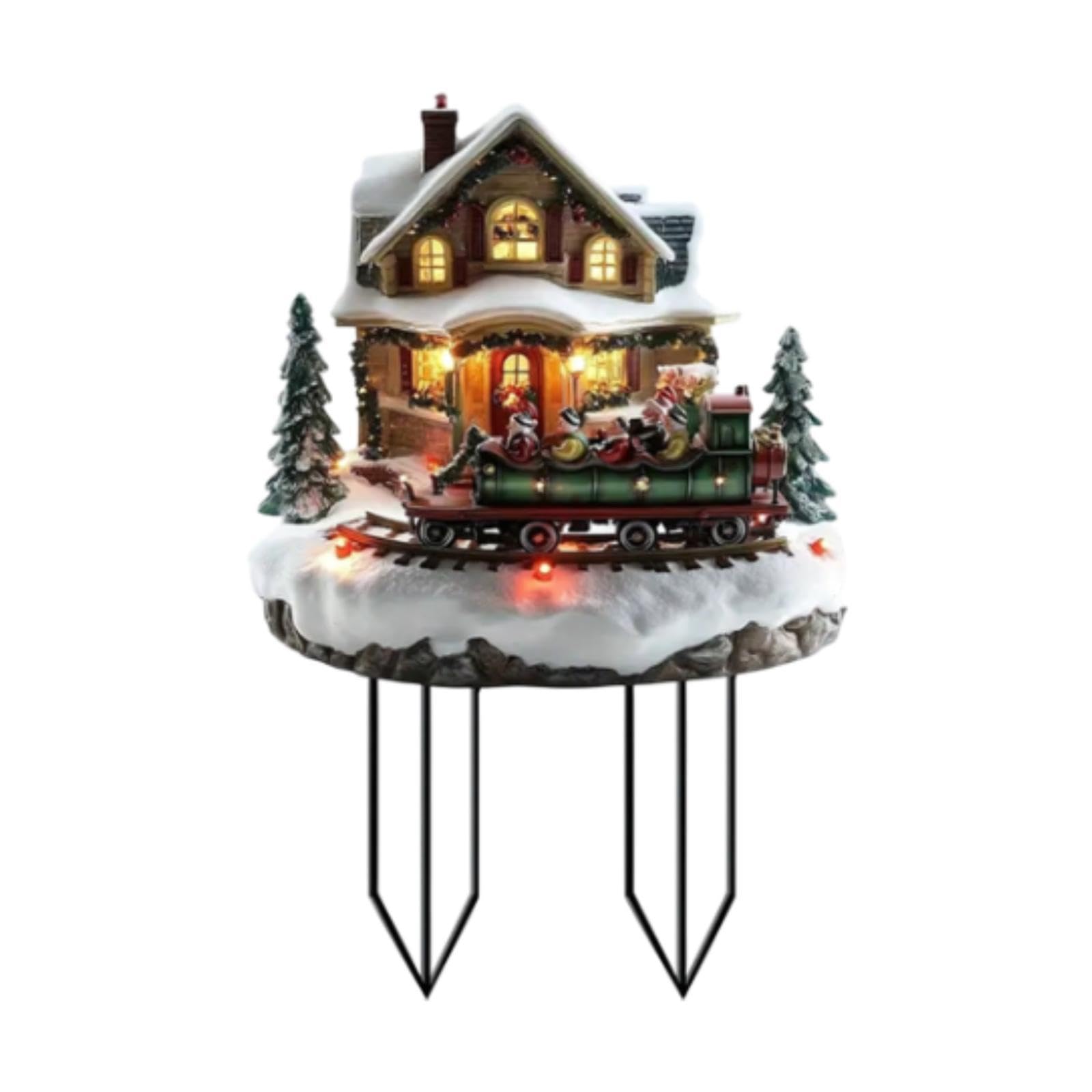 Piquet de jardin de Noël train et maison pour décoration extérieure de pot de fleurs