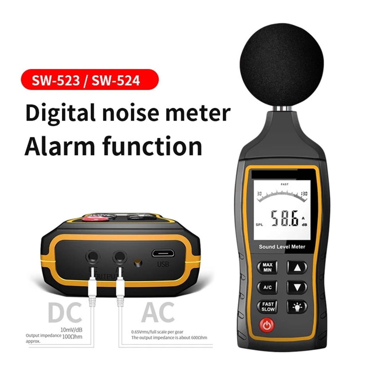 Medidor de decibelios, SW-523/524 Medidor de nivel sonido portátil Digital Sonómetros DB mano Ruido 30-130dB Monitor decibelios(SW-523)