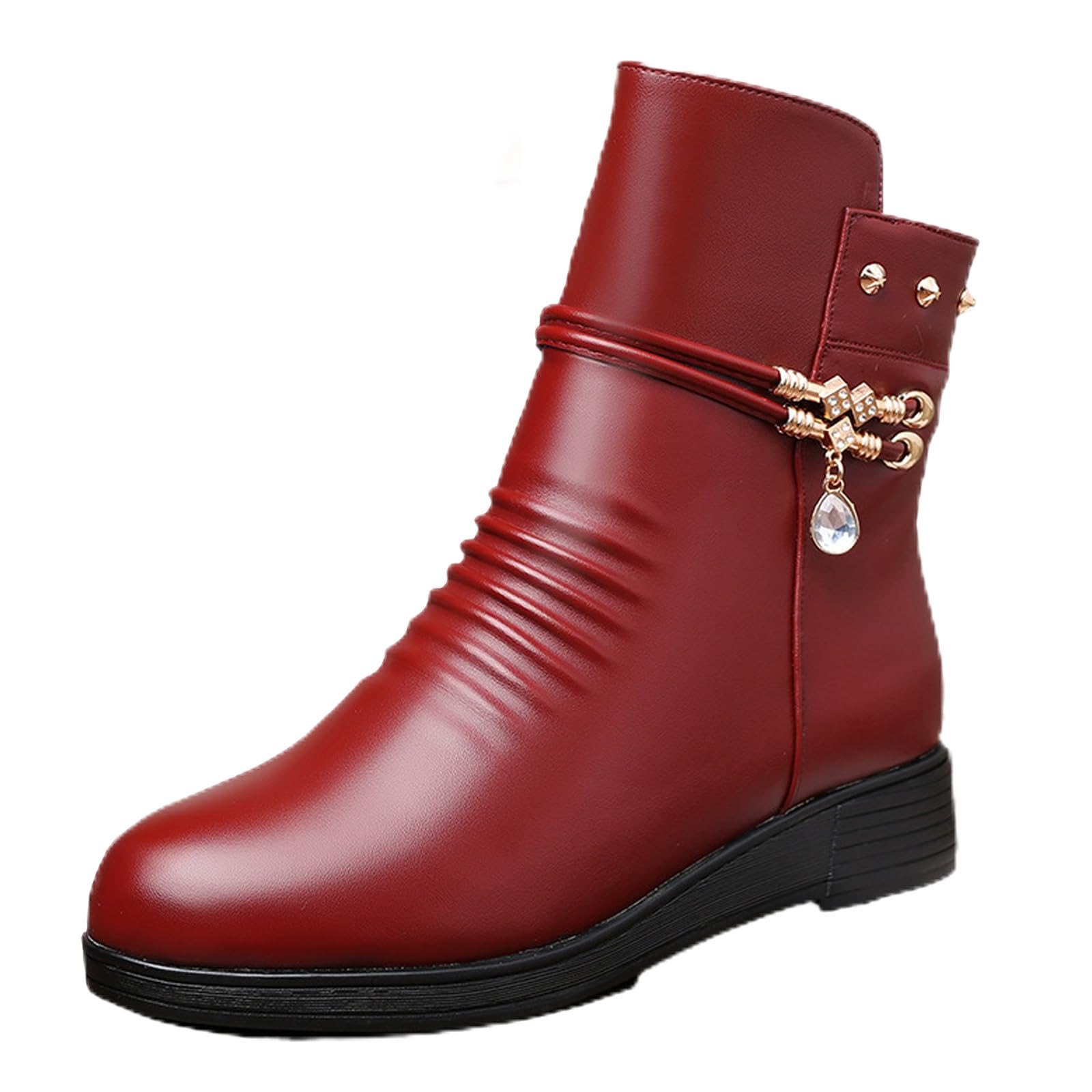 Womens Leather Warm Wedge Ankle Boots Classic Round Toe Studded Rhinestones Side Zipper Warm Fur Lined Winter Outdoor