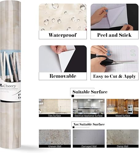 Miniatura 7 de LACHEERY Papel tapiz de mármol beige de 12 x 317 pulgadas, papel de contacto de mármol para encimeras, papel de contacto impermeable para encimera,