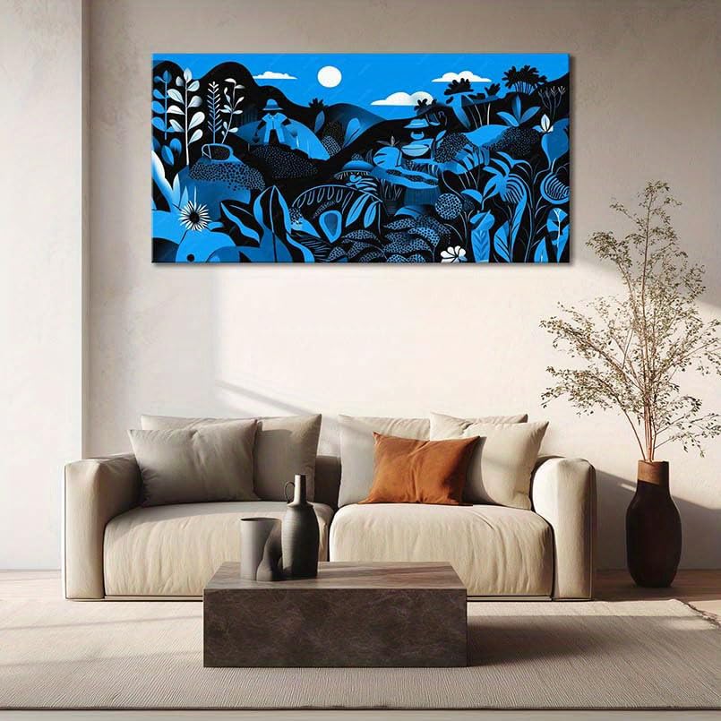 Cuadro de paisaje tropical en lienzo, lámina artística botánica de la jungla con luna y luz nocturna, decoración de pared en lienzo (70x120cm/con marco)