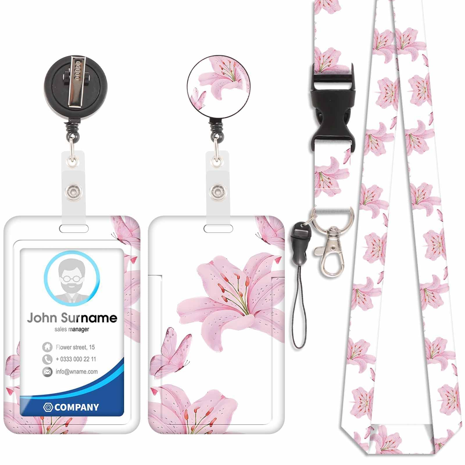 Badge Holder with Lanyard, ID Badge Holders with Detachable Cute Lanyard, Retractable Badge Reel Carabiner Clip, Personalized Vertical Card Cover Case Protector for Nurse Teacher Student (Pink Lily)