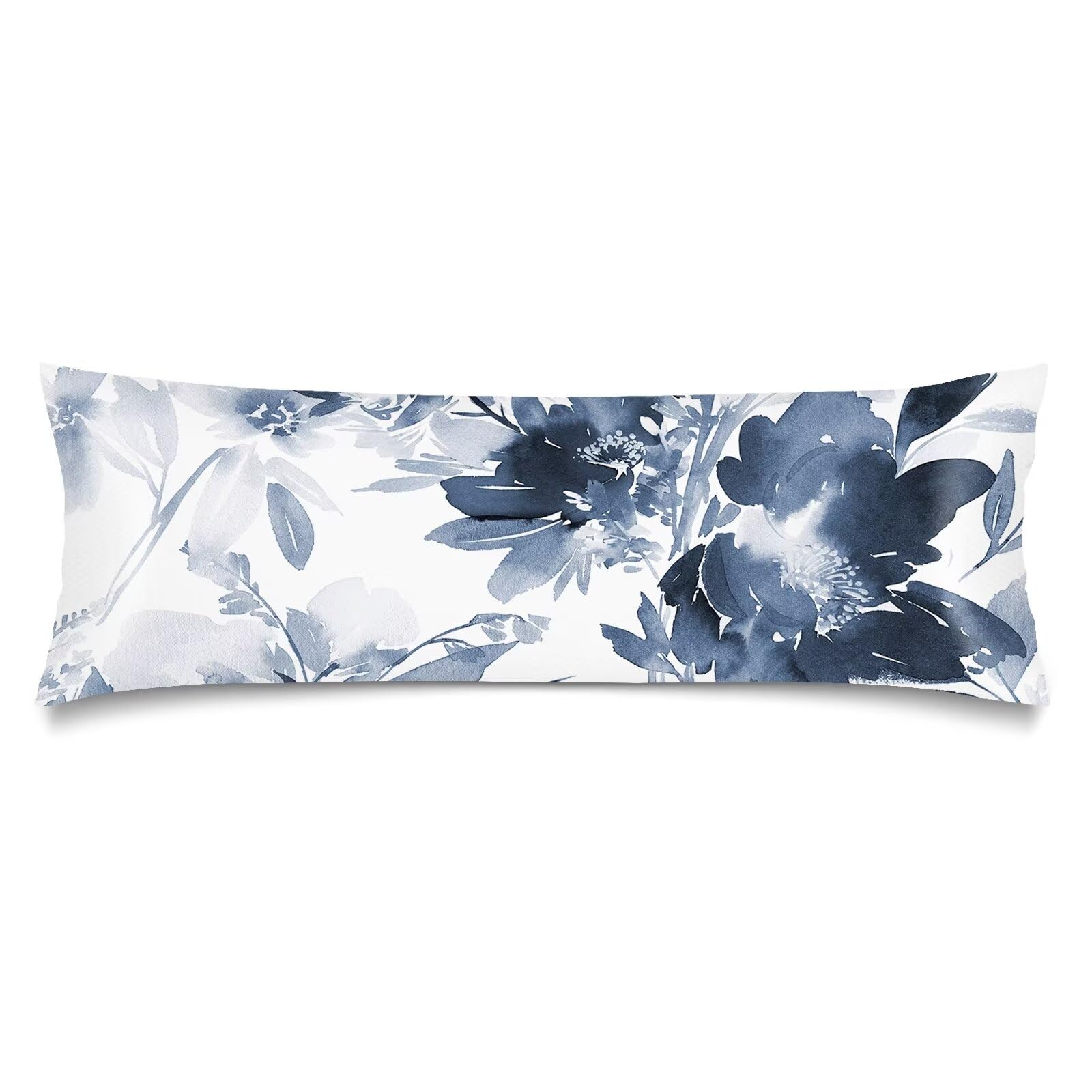 Silk Satin Body Pillow Cover for Hair and Skin,Florals Long Pillow Case Protector with Envelope Closure,Navy Watercolor Flowers Pillow Covers Boho