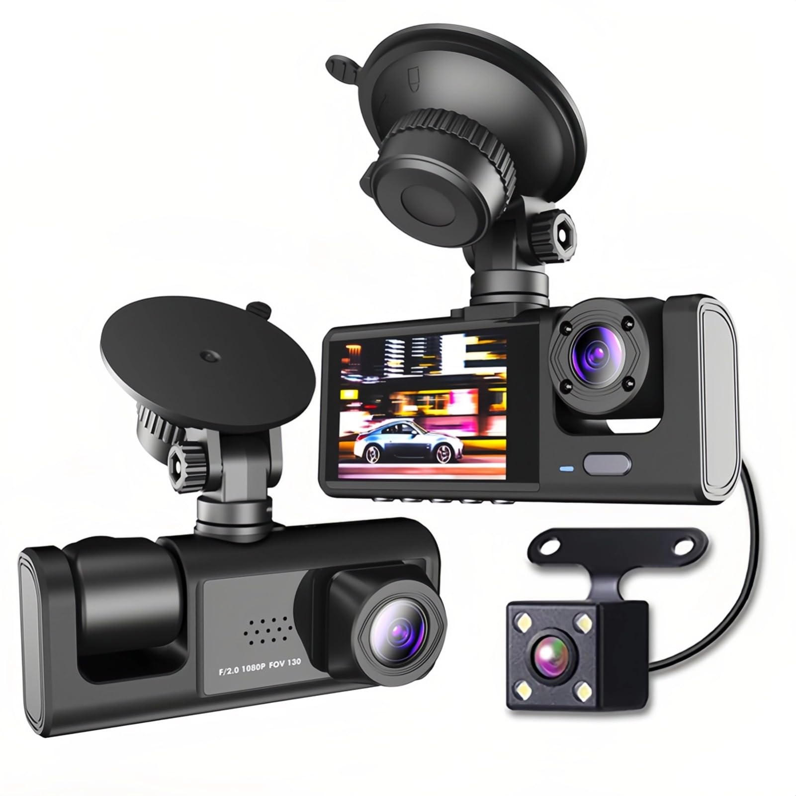 1080P High Definition Dash Cam, Three Way, Wide Angle, Car Interior and Exterior Recording with Picture in Picture, Easy Installation, Language Support