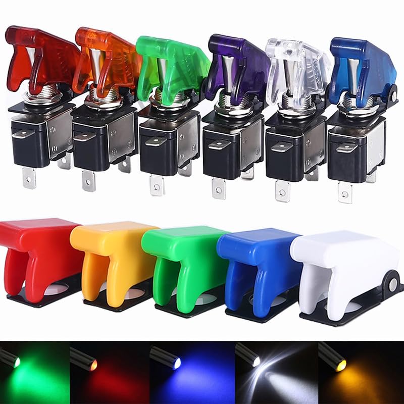 SCRUBY 12V 20A Auto Car Boat Truck Illuminated Led Toggle Switch with Safety Aircraft Flip Up Cover Guard Red Blue Green Yellow White(Carbon Cap Green LED)