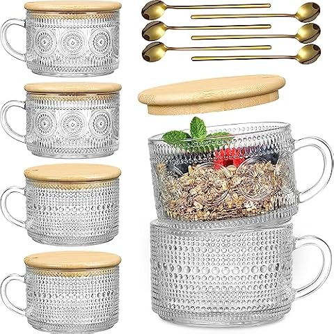 LANDNEOO 6 Pack 14oz Vintage Glass Coffee Mugs with Bamboo Lids and Spoons, Green Embossed Drinking Glasses for Iced Coffee, Tea, Latte Cover