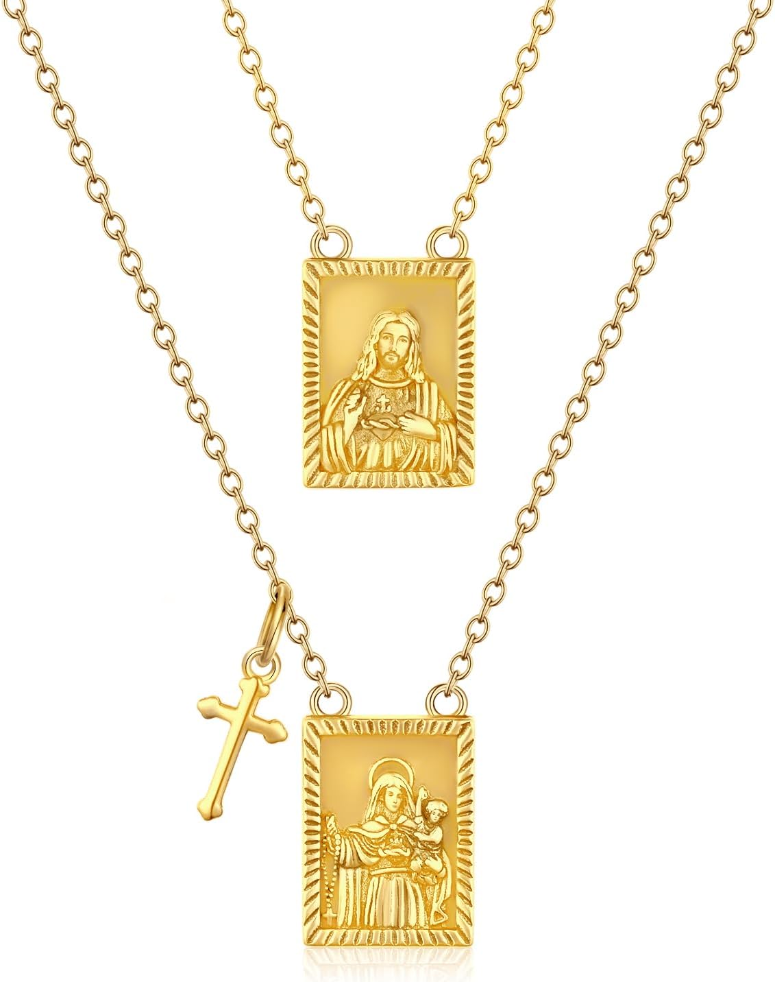 Scapulars Catholic Necklace for Women 925 Sterling Silver Pendant with Stainless Steel Chain Escapularios Catolicos Jewelry with Sacred Heart of Jesus Escapulario De La Virgen Del Carmen (Gold)