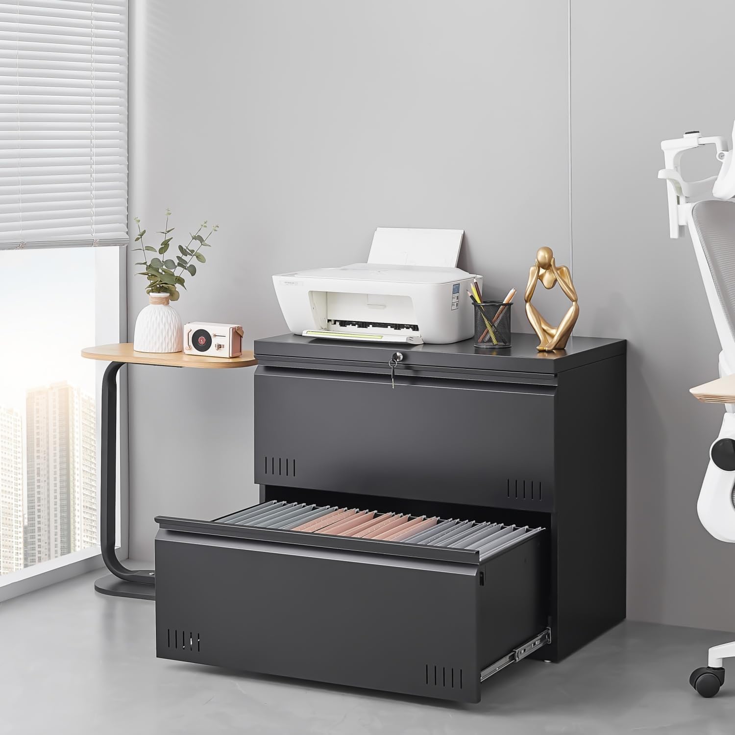 2 Drawer File Cabinet, File Cabinets for Home Office, Printer Stand, File Cabinet with Lock, Lateral Filing Cabinet for A4/Letter/Legal Size File Folders, Assembly Required(Black)